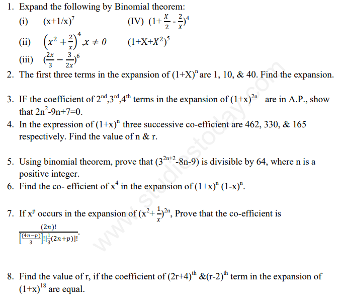 CBSE Class 11 Binomial Theorem Pdf Test Papers